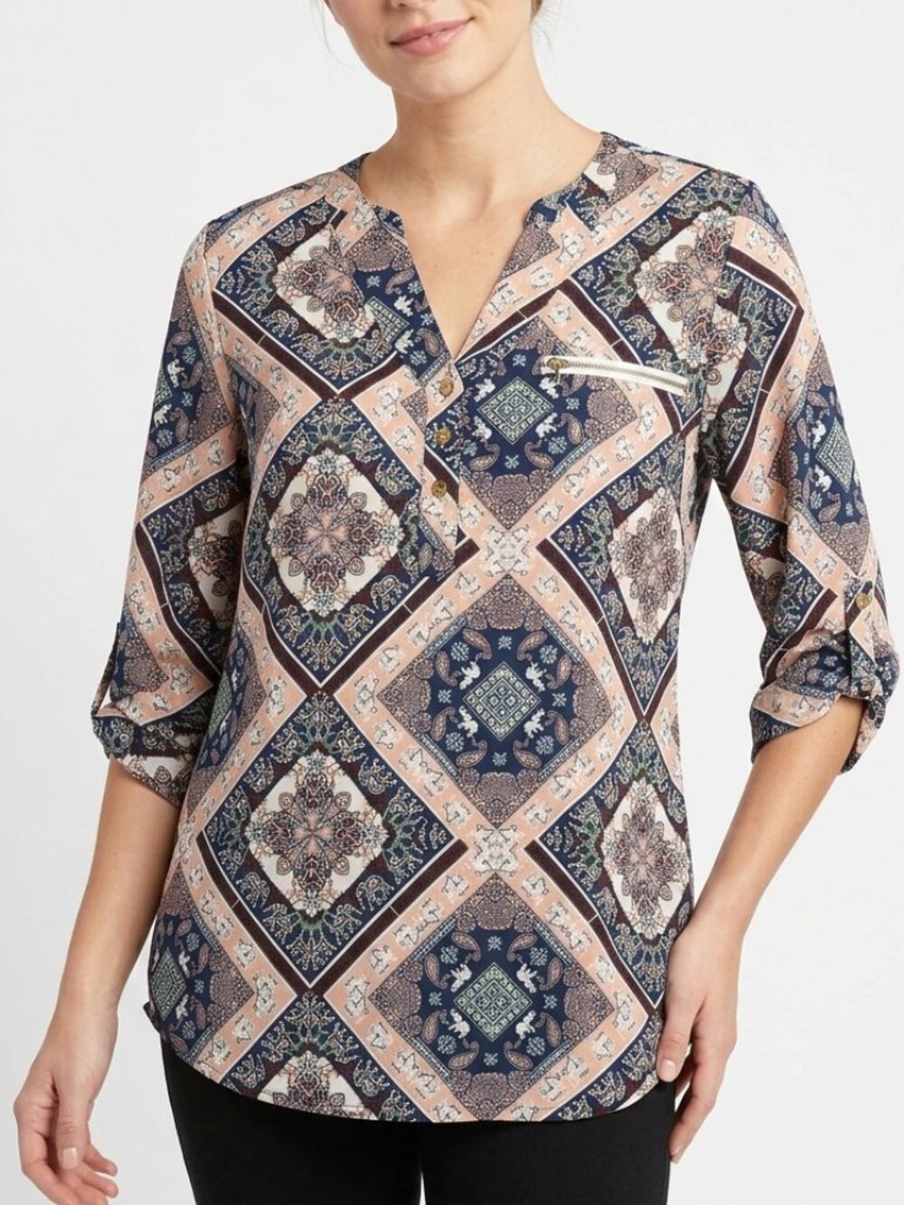 Boho Patchwork Paisley Elephant Justify Navy Peach Tunic Top Size‎ XL
